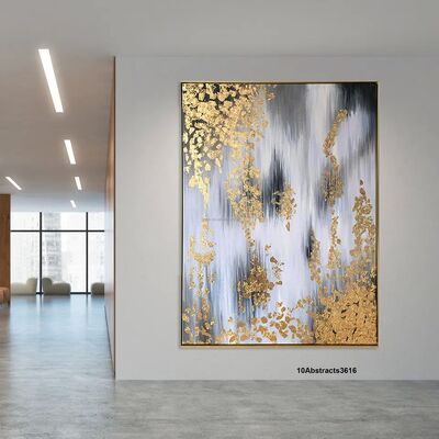 Gold Abstract Foil Hand Painted Oil Painting with Hand Applied Gold Leaf - Customized Size Wall Decor Canvas Art